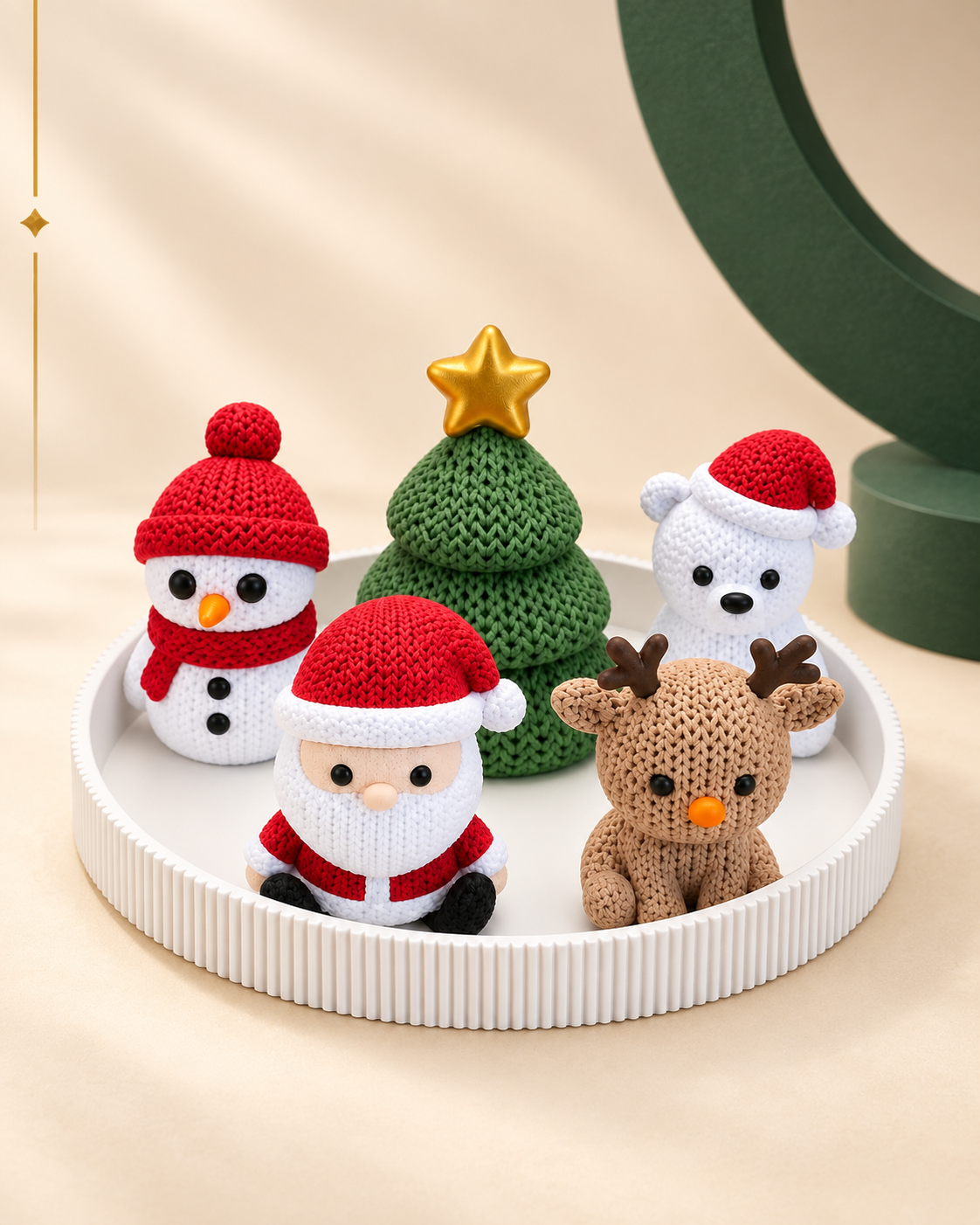 Kit Natalino Tricô com cinco figuras natalinas e bandeja branca em cenário creme e verde