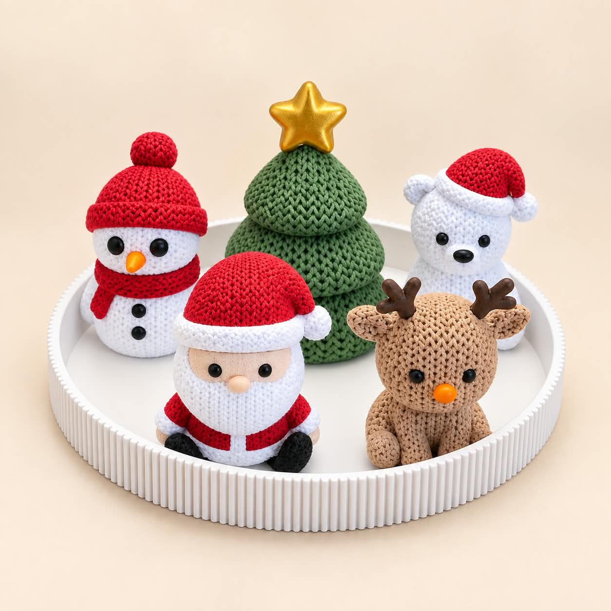 Referência do Kit Natalino Tricô com árvore de Natal, Papai Noel, rena, urso e figura branca de gorro vermelho sobre bandeja